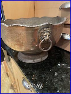 Vintage Silver Plated On Copper Punch Bowl Lion Head Handles Patina Very Rare