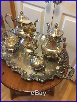 Vintage Silver on Copper 7 Piece Tea Set -teapots, pitcher, tray, sugar bowl etc