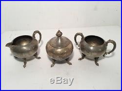 Vintage Silver on Copper Tea Service Tray 3 Pots 3 Condiment Bowls, 7 Piece Set