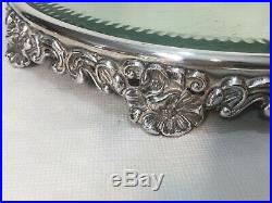 Vintage Silverplate Jewelry Vanity Mirror Footed Tray, 12 Dia x 1 1/2 High