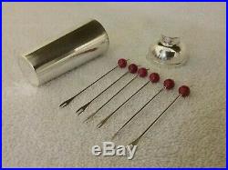 Vintage Silverplated A. L. DEPOSE Cocktail shaker with 6 Bakelite Cherry Picks