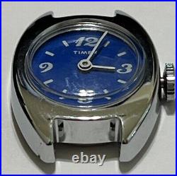 Vintage Small Timex Blue Silver Mechanical Watch Unique Number Font Chrome Plate