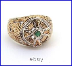 Vintage Sterling Silver & Plated Gold Celtic Style Ring with Emerald Size V