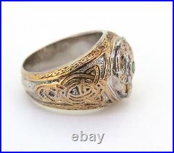 Vintage Sterling Silver & Plated Gold Celtic Style Ring with Emerald Size V