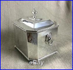 Vintage Tea Caddy Biscuit Box Regency Lion Head Handles Silver Plate