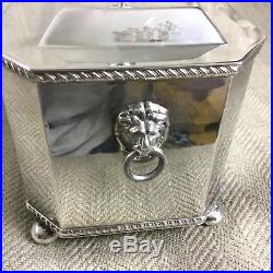 Vintage Tea Caddy Biscuit Box Regency Lion Head Handles Silver Plate