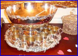 Vintage Towle Silver Plate 15 Wide Punch Bowl, 19 Tray, 20 Cups & Ladle NICE