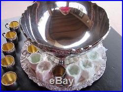 Vintage Towle Silver Plate Punch Bowl, Tray, 20 Cups & Ladle 14.5 Wide Rim NICE