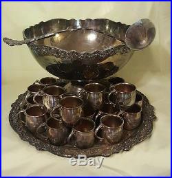 Vintage Towle Silver Plate Punch Bowl With Tray 22 Cups Ladle Original Box