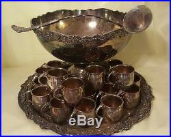 Vintage Towle Silver Plate Punch Bowl With Tray 22 Cups Ladle Original Box