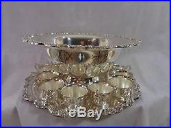 Vintage Towle Silverplate Floral Punch Bowl Set Embassy Classic 12 Cups Tray