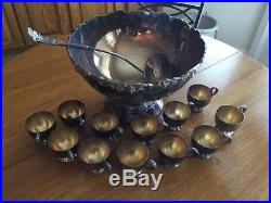 Vintage Towle Silverplate Large Punch Bowl WithGrapes, 12 Cups, and a Ladle