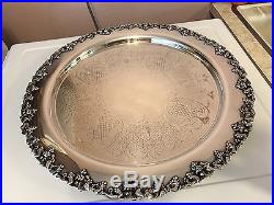 Vintage Victorian Silver Grape Border Large Round Tray
