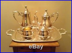 Vintage Wm Rogers quality silverplate Victorian Rose coffee tea set with tray