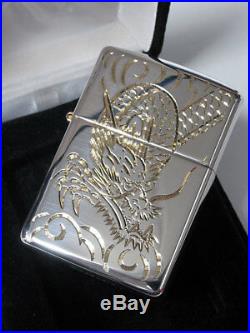 Vintage Zippo Sterling Silver Hand Carving Dragon Gold Plating Japan Limited