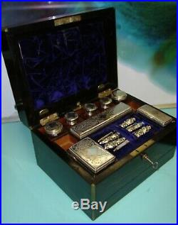 Vintage coromandel travelling sterling & plated silver jewelry vanity box case