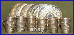 Vintage floral silver plated set 6 coffee tea cups mugs with saucers