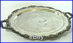 Vintage huge POOLE Silver Co. Lancaster Rose tray, silver plate, 6 piece set