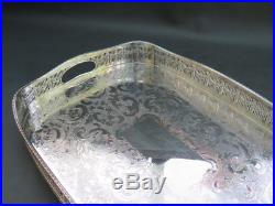 Vintage large ornate silver plated tray with gallery & feet EHP Sheffield