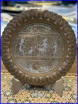 Vintage pharonic copper plate-inlaid with silver with a pharonic scenes