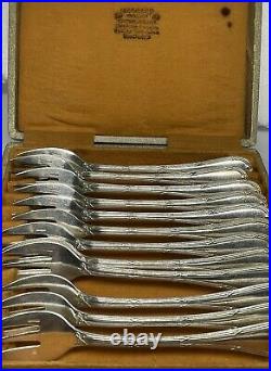 Vintage set of 12 Christofle Ruban Silver Plated Oyster Forks in Case