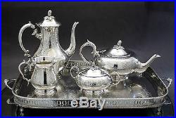 Vintage silver plate 5 pc coffee tea set on tray bright-cut floral bowl jug