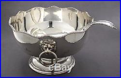 Vintage silver plate large pedestal 2-handle lion face punch bowl ladle ornate