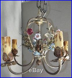 Vintage silverplate tole French Porcelain Flower 5 arm Chandelier Light Fixture