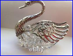 Vintage solid silver and glass salt swan with articulated wings, London 1972