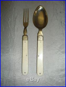 Vntg/antq Leather Cased Campaign Folding Fork & Spoon Set- Bovine Bone Handles