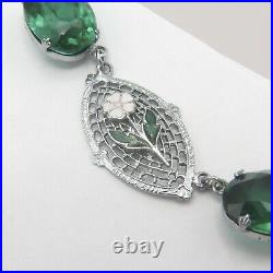 Vtg 1930s Art Deco Silver Filigree Rhodium Plate Glass Enamel Flower Necklace
