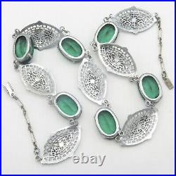 Vtg 1930s Art Deco Silver Filigree Rhodium Plate Glass Enamel Flower Necklace
