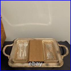 Vtg 1940s Sheffield England Silverplate 18 Gallery Tray w 3 Forks & Dishes NEW