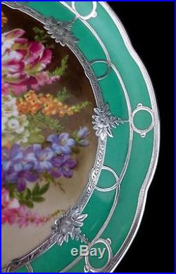 Vtg/ Antique SEVRES Hand Painted Floral 8.75 CABINET PLATE with Silver Overlay
