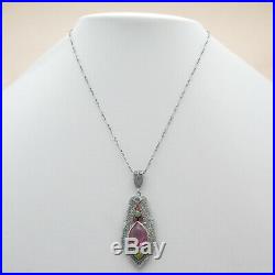 Vtg Art Deco Rhodium Plate Silver Filigree Pink Glass Enamel Pendant Necklace