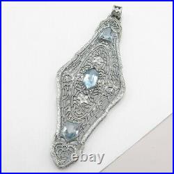 Vtg Art Deco Silver Rhodium Plate Filigree Aquamarine Glass Pendant 4 Necklace