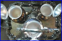 Vtg Birmingham Silver on Copper 7 PC Coffee & Tea Set with Tilting Kettle on Stand