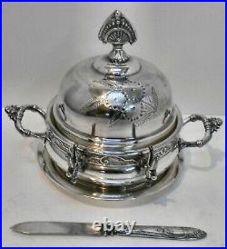 Vtg ENGLISH SLV PLATE DOMED ROLL TOP CHEESE BUTTER SERVER withPIERCED INSERT DISH