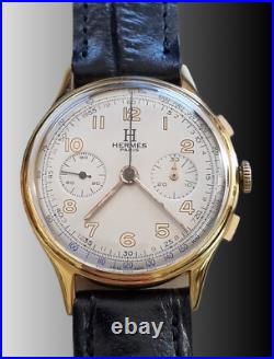 Vtg Hermes Paris Chronograph Silver Dial 18kts Gold Plated Case Working