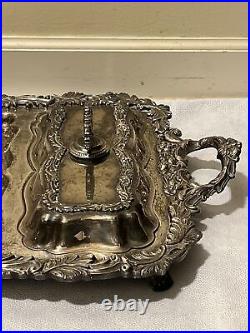 Vtg. Large Victorian Style Ornate Footed Silver Plate Serving Tray With Covers
