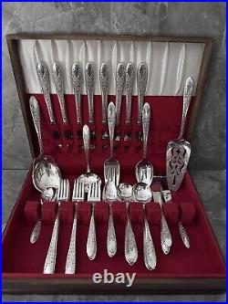 Vtg National Rose & Leaf Silver Plated Silverware 54 Piece Knives Forks Spoons