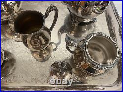 Vtg. Silver Plated-Rogers 1881 GLENROSE-6 Piece Tea/ Coffee Set WithServing Tray