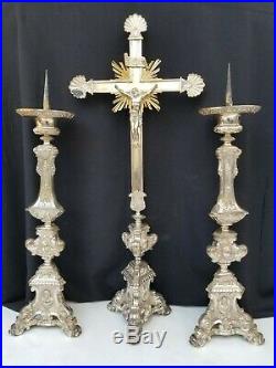 Vtg Silver Plated Set Religious Altar Church Candlesticks Candelabra & Crucifix
