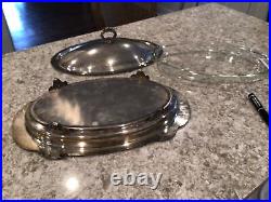Vtg lidded ornate serving tray platter dish pyrex glass silver plate footed 21