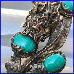 WIDE Vintage Chinese Dragon Silver Plated Turquoise Hinged Bangle Bracelet