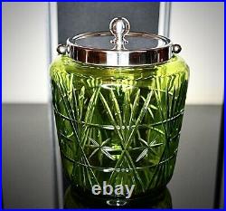 WMF Art Nouveau Best Nickel Silver Plated Biscuit Box Green Cut Crystal Glass