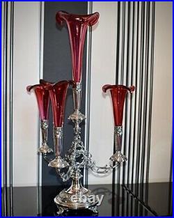 WMF Magnificent Silver Plated Cranberry Crystal Glass Epergne Centrepiece c1886
