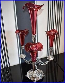 WMF Magnificent Silver Plated Cranberry Crystal Glass Epergne Centrepiece c1886