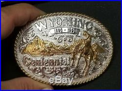 Wyoming Centennial 1890-1990 Belt Buckle Sterling Silver Plate, Montana Silversm